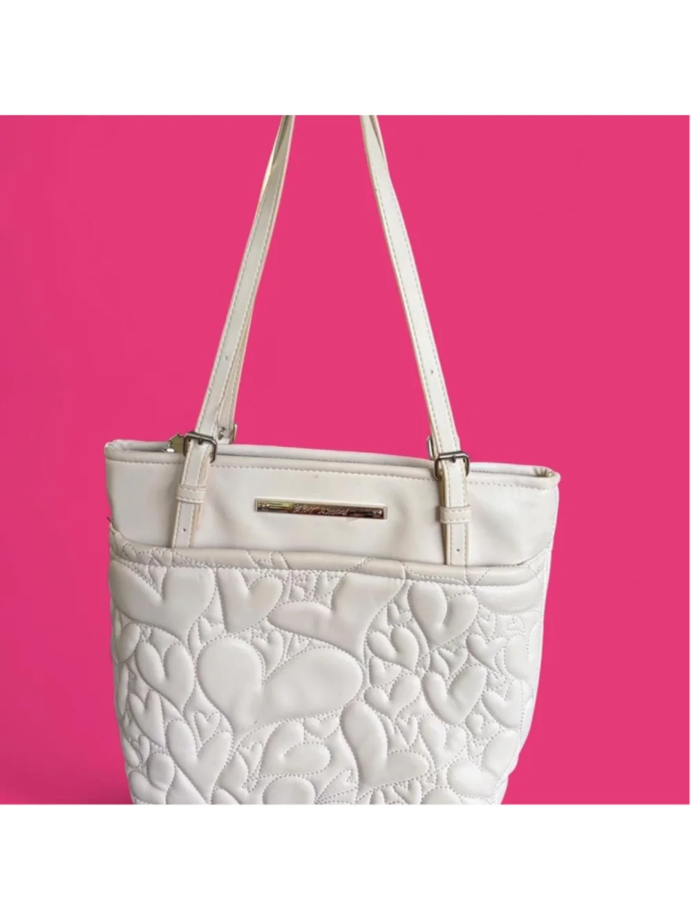 Betsey Johnson shoulder bag quilted tote heart white pink